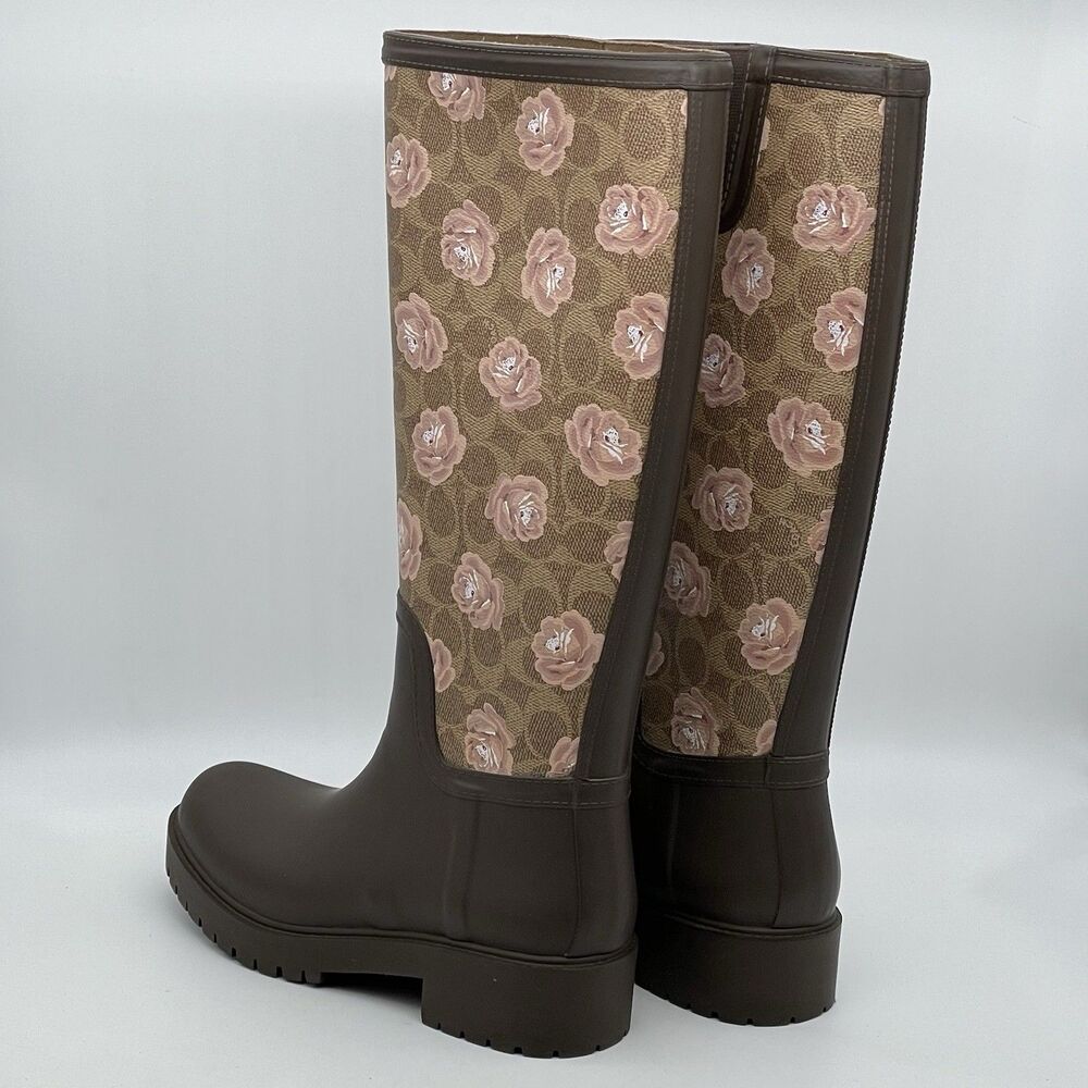 Coach Signature Rubber Rain Boots Tan Women’s 8B Dark Brown Floral Pink Coquette - Picture 15 of 16